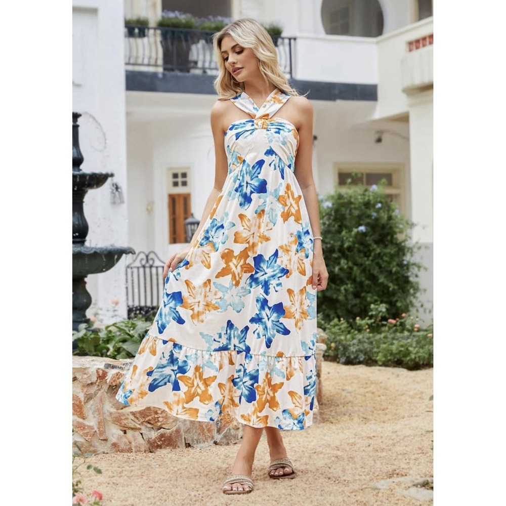 NWT Grace Karin XL Blue Orange Floral Halter Maxi Dress Resort Cruise Beach